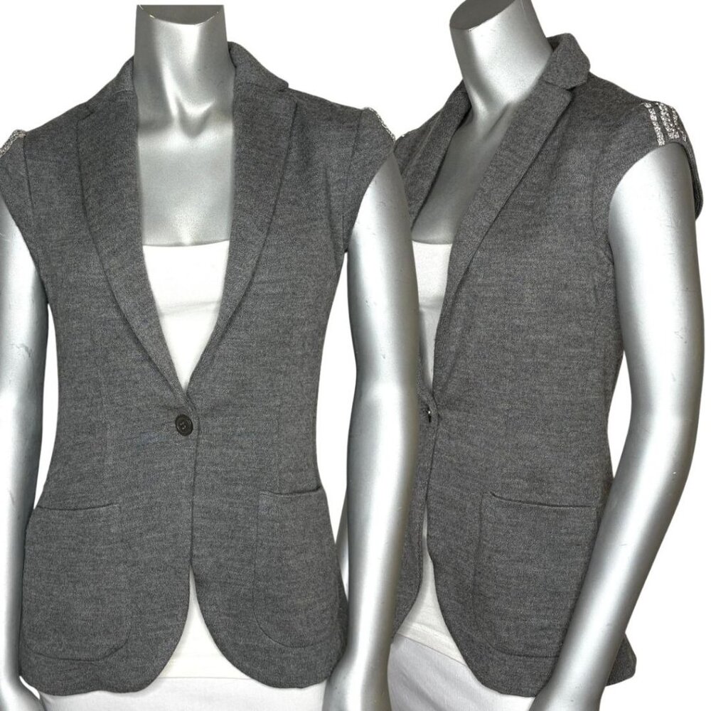 Vtg  2000s IISLI Gray Wool Sleeveless Crystal Embellished Sweater Vest Gilet 4 S